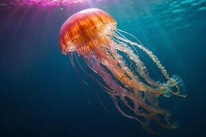 ai généré méduse dans le océan avec lumière du soleil brillant sur il photo