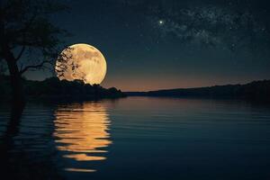 ai généré une plein lune est vu plus de une Lac à nuit photo