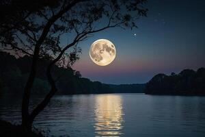 ai généré une plein lune est vu plus de une Lac à nuit photo