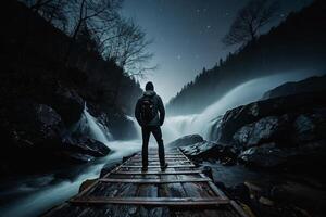 ai généré homme permanent sur en bois pont plus de cascade à nuit photo