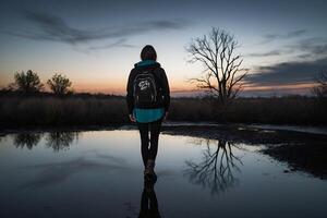 ai généré une la personne avec une sac à dos en marchant par une flaque photo