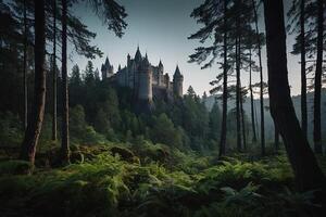 ai généré le Château est entouré par des arbres et des buissons photo