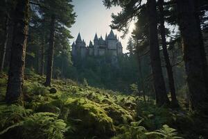 ai généré le Château est entouré par des arbres et des buissons photo