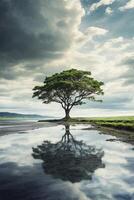 ai généré dessin de une arbre sur un île avec l'eau et des nuages photo