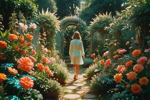 ai généré une femme en marchant par une jardin avec fleurs photo