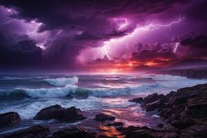 foudre grèves le océan contre une violet ciel photo