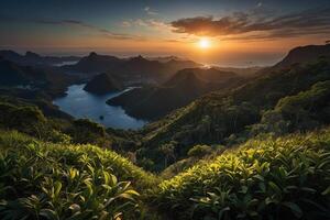 le Soleil ensembles plus de une rivière dans le jungle photo