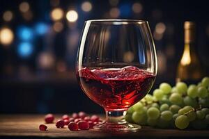 du vin verre avec rouge du vin et les raisins sur une en bois table photo