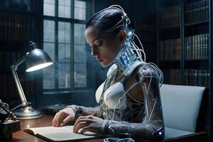 une femme dans une robot costume séance à une bureau avec une portable photo