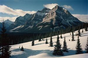 une neigeux Montagne avec des arbres et neige sur Haut photo