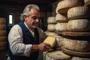 une homme dans un tablier est permanent dans de face de une grille de fromage photo