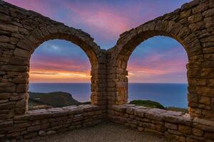 le coucher du soleil vue de le Château de Santorin photo