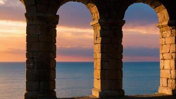 le coucher du soleil vue de le Château de Santorin photo