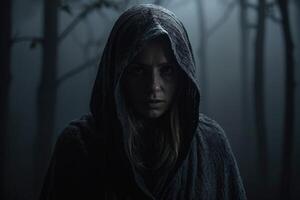 une femme dans une encapuchonné peignoir des stands dans le les bois photo