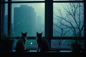 deux chats asseoir sur une fenêtre seuil à la recherche en dehors à le ville photo