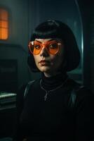 une femme avec noir cheveux et Orange des lunettes photo