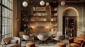 attrayant et confortable moderne intérieur avec élégant ameublement et rustique accents dans une confortable vivant ou étude espace photo