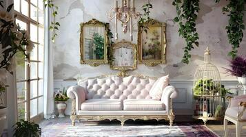 élégant et luxueux style victorien vivant pièce avec antique ameublement et fleuri décor photo