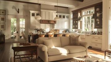 confortable et attrayant rustique style ferme vivant pièce et cuisine intérieur photo