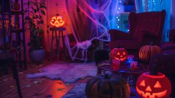 captivant effrayant Halloween scène avec citrouilles, toiles d'araignées, et sinistre éclairage dans un atmosphérique intérieur réglage photo