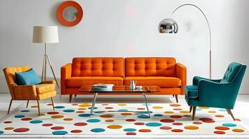 vibrant et sophistiqué vivant pièce avec coloré ameublement et géométrique accents pour une confortable et attrayant ambiance photo