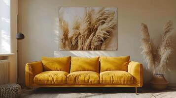 confortable et élégant vivant pièce avec moutarde velours canapé et pampa herbe mur art photo