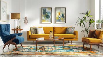 vibrant et confortable milieu du siècle vivant pièce avec organisé meubles et décor éléments photo