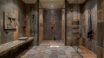 spacieux et luxueux salle de bains avec carrelé des murs, verre douche, et en bois vanité fournir élégant et contemporain conception photo