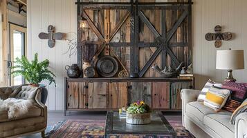 rustique et confortable d'inspiration ferme vivant pièce avec ancien en bois meubles et décor photo