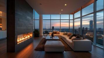 luxueux moderne vivant pièce avec panoramique ville horizon vue à le coucher du soleil photo