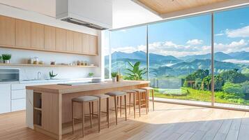 moderne cuisine avec Stupéfiant Montagne et vallée vue dans spacieux et brillant ouvert concept vivant espace avec minimaliste et respectueux de la nature conception photo