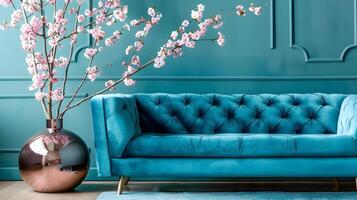 luxueux bleu velours chesterfield canapé avec épanouissement Cerise fleur branche dans élégant contemporain vivant pièce intérieur conception photo