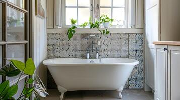 luxueux et tranquille salle de bains oasis avec luxuriant verdure et griffe baignoire photo