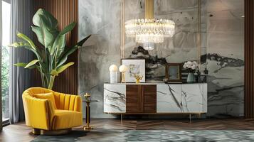 luxueux et contemporain vivant pièce avec marbre des murs et élégant ameublement photo