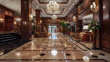 grandiose hall de une prestigieux luxe Hôtel avec fleuri architectural détails et somptueux décor photo