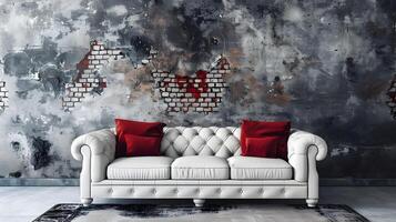 élégant huppé canapé accentué par grunge brique mur dans contemporain vivant espace photo