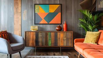 attrayant moderne rustique vivant pièce avec géométrique abstrait ouvrages d'art et vibrant Couleur palette photo