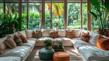 luxuriant tropical serre oasis avec confortable salon zone et abondant verdure photo