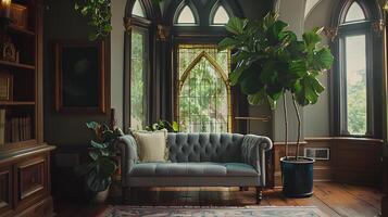 élégant antique parloir avec luxuriant intérieur verdure et fleuri gothique architecture photo