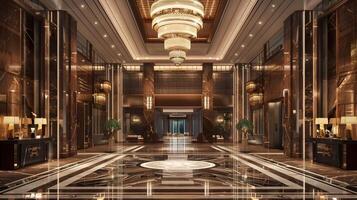 magnifique marbre hall de un extravagant luxe Hôtel avec fleuri lustres et élégant décor photo