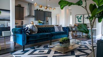 élégant et attrayant moderne vivant pièce avec velours canapé, verdure, et élégant décor photo