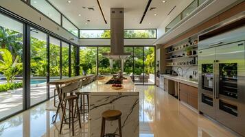 luxueux moderne cuisine avec panoramique tropical jardin vue photo