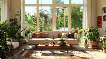 confortable et attrayant vivant espace avec luxuriant verdure et Naturel éléments photo