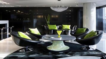 luxueux et sophistiqué noir et vert vivant pièce avec frappant meubles conception photo