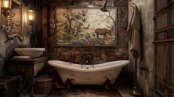 confortable et élégant rustique salle de bains avec ancien décor et inspiré de la nature ouvrages d'art photo