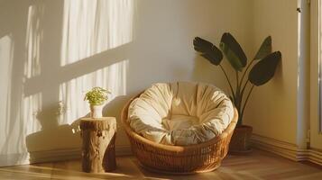 confortable et serein intérieur battre en retraite avec Naturel accents et chaud lumière du soleil photo