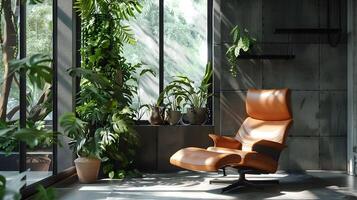 luxuriant intérieur oasis avec luxueux cuir fauteuil et abondant tropical verdure photo