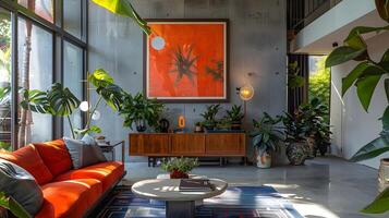 animé et vibrant intérieur oasis avec tropical feuillage et moderne ameublement photo