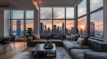 Stupéfiant ville horizon le coucher du soleil réfléchi dans luxueux Résidentiel appartement photo