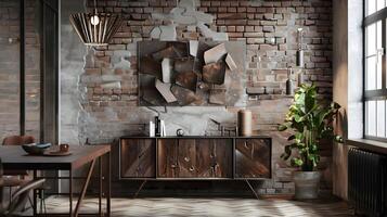 confortable industriel grenier décor avec rustique en bois meubles et mur accents photo